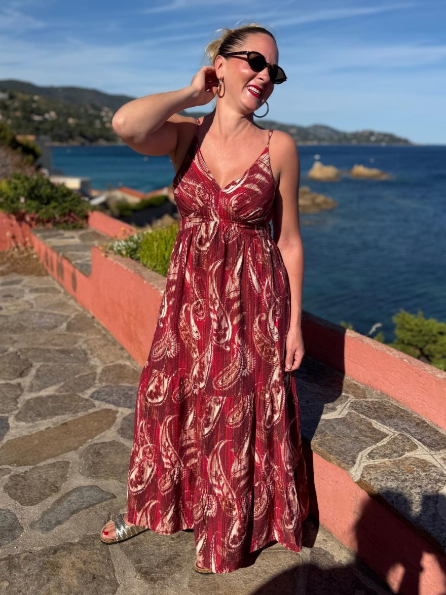 Robe longue fines bretelles BY ONE col V à motif fluide | Marina & Paloma