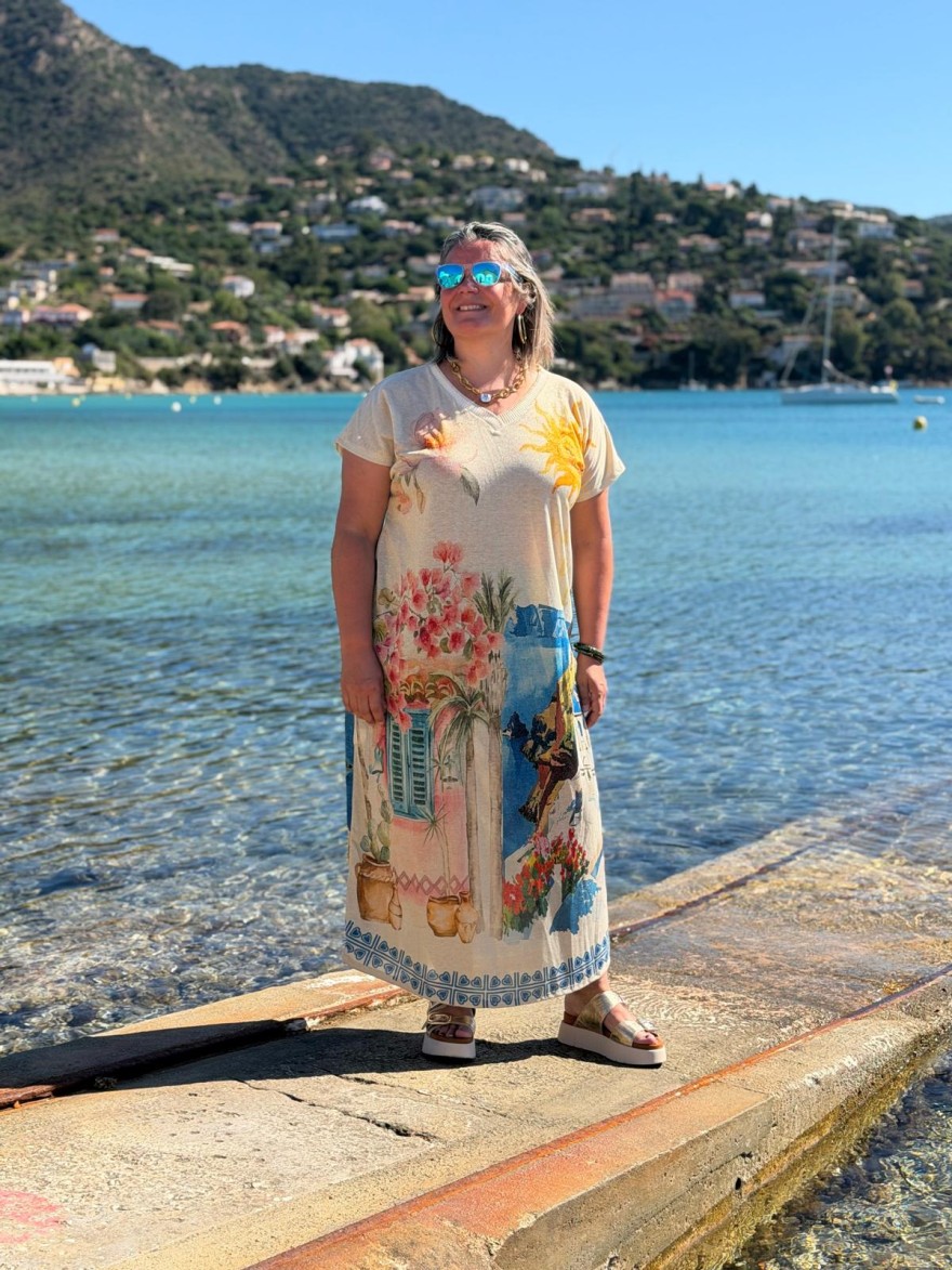 Robe Longue Lurex Imprimé Méditerranéen Femme | Marina & Paloma