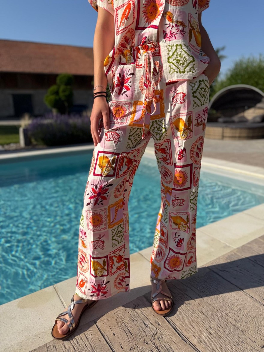 Pantalon Fluide Imprimé Crustacé patchwork estival | Marina & Paloma