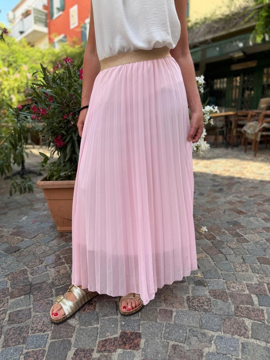 Jupe Longue Plissée Unie Rose Clair élégante | Marina & Paloma