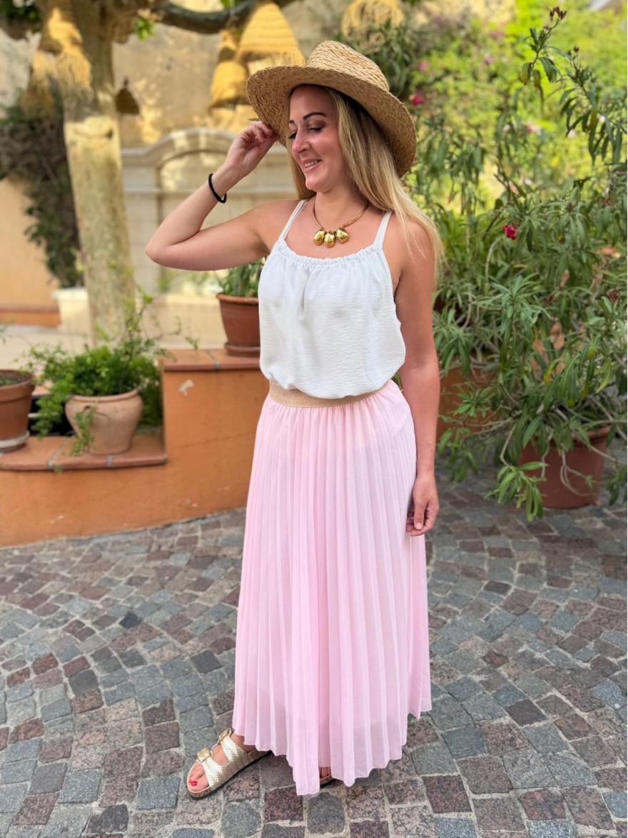 Jupe Longue Plissée Unie Rose Clair élégante | Marina & Paloma