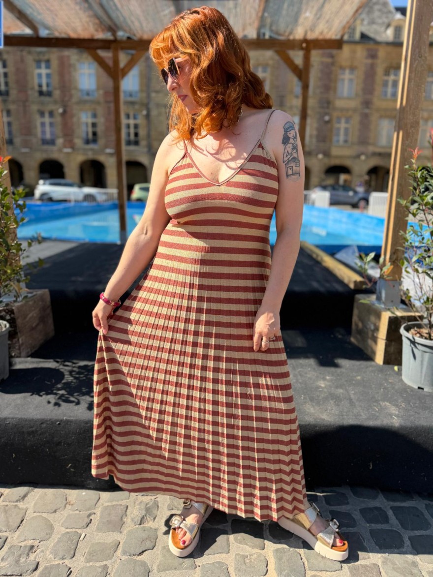 Robe Lurex Rayée Fine Bretelle Plissée Fluide | Marina & Paloma