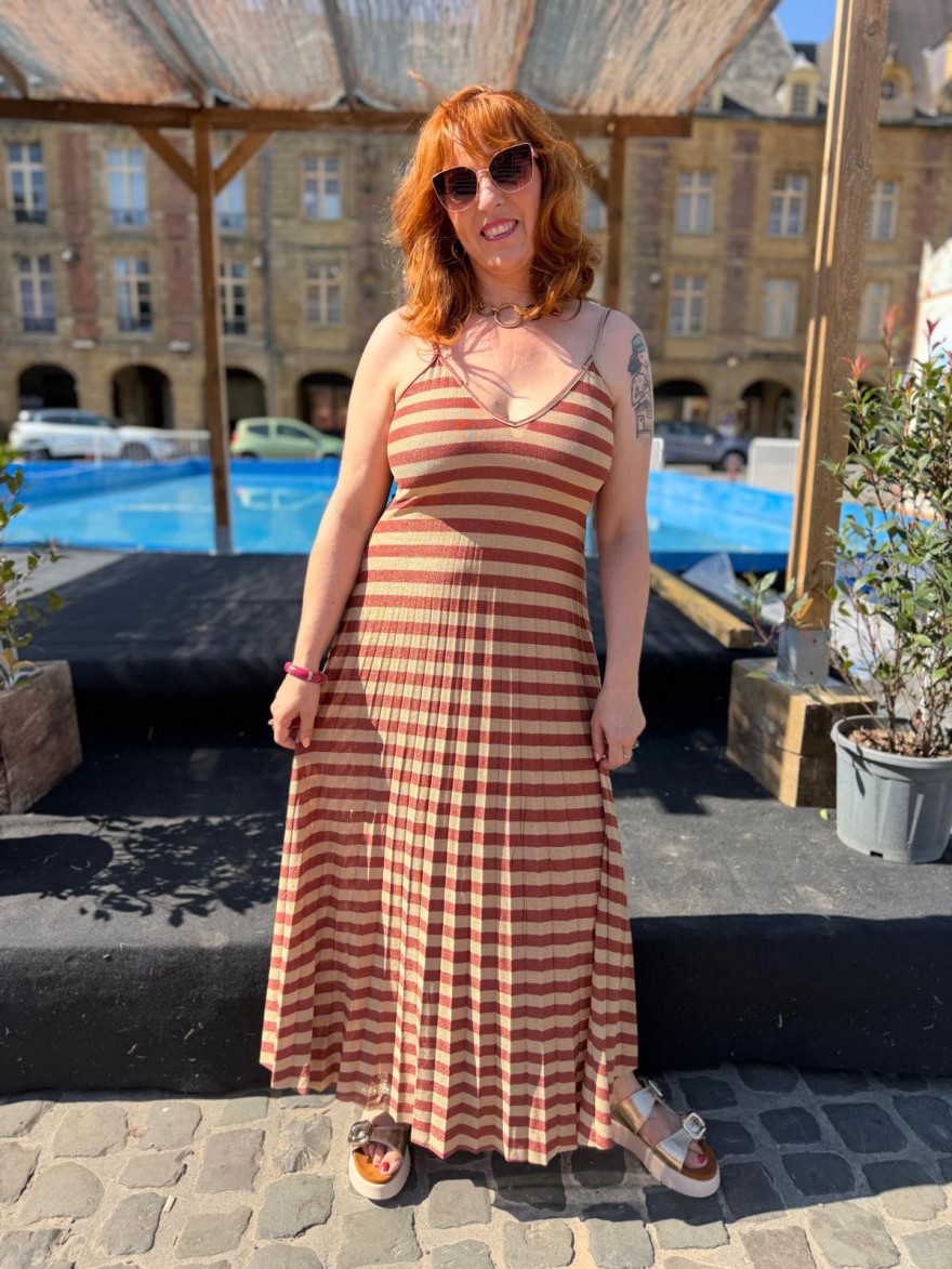 Robe Lurex Rayée Fine Bretelle Plissée Fluide | Marina & Paloma