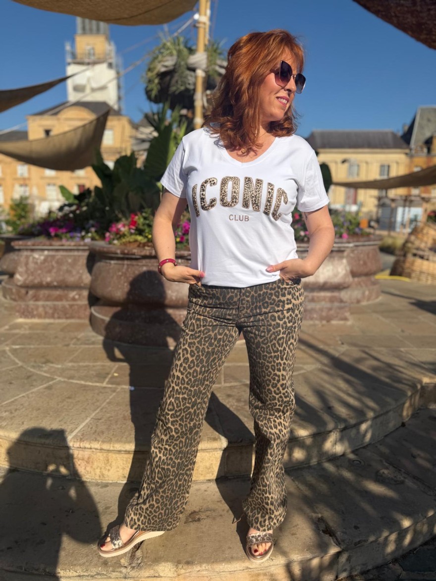 Tee-Shirt Col V Iconic Léopard Femme Coton | Marina & Paloma