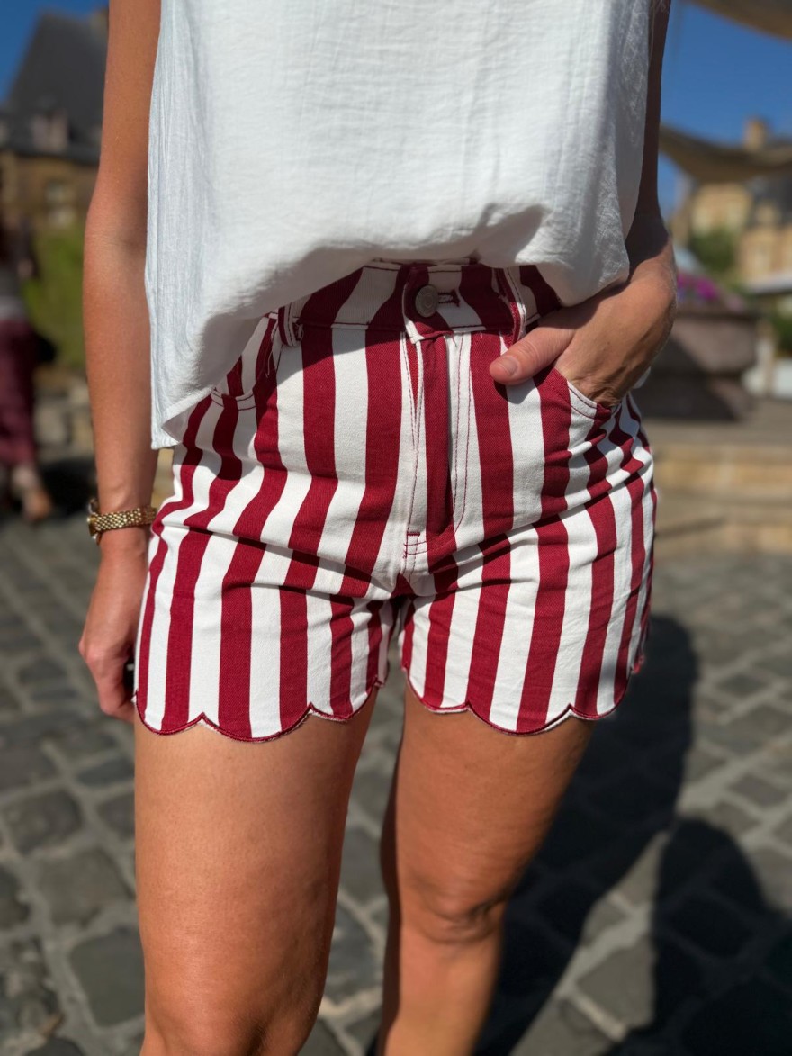 Short en Jean Rayé Rouge Kilky Taille Haute | Marina & Paloma