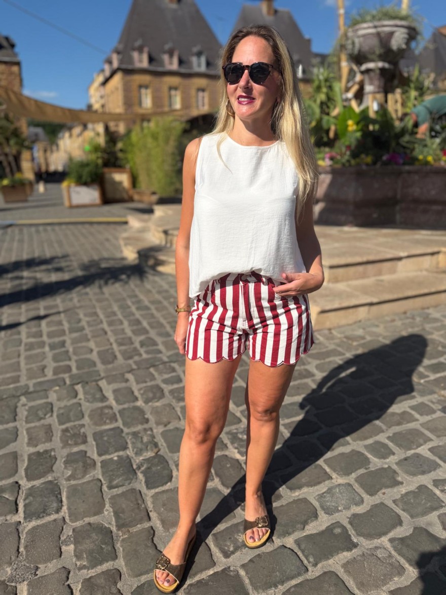 Short en Jean Rayé Rouge Kilky Taille Haute | Marina & Paloma