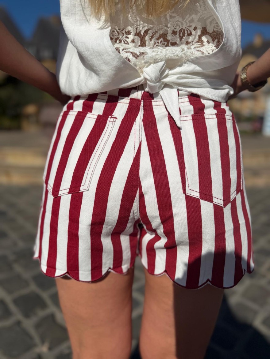 Short en Jean Rayé Rouge Kilky Taille Haute | Marina & Paloma