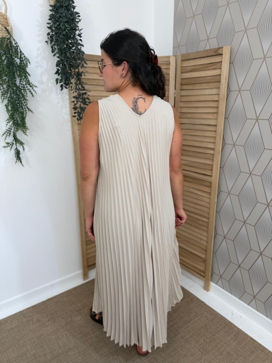 Robe Longue Plissée Grande Taille Beige Made in Italy | Marina & Paloma