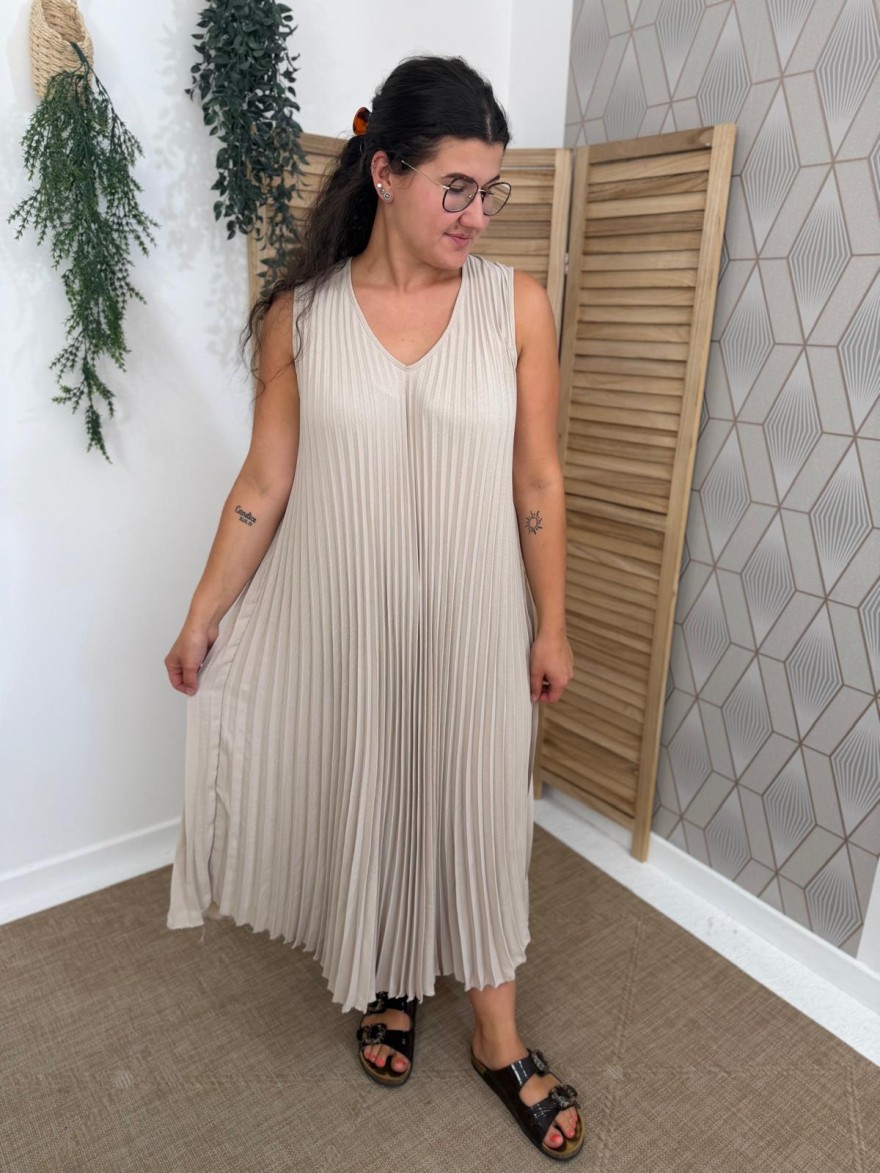 Robe Longue Plissée Grande Taille Beige Made in Italy | Marina & Paloma