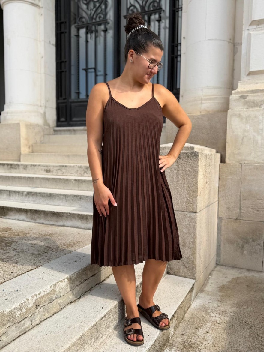 Robe Plissée Fine Bretelle Unie Légère Taille Unique | Marina & Paloma