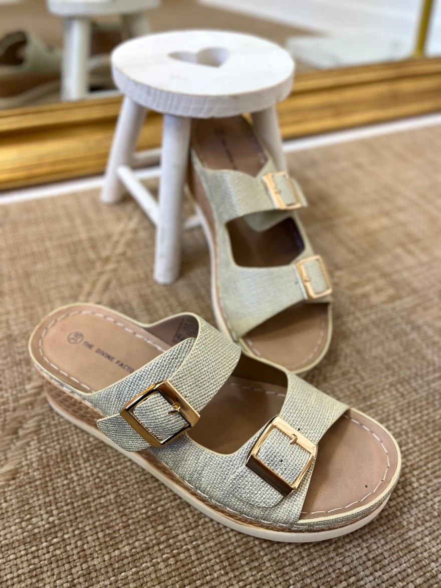 Mule Compensée Deux Brides Réglables Or Femme Confort | Marina & Paloma