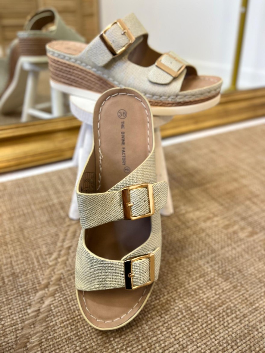 Mule Compensée Deux Brides Réglables Or Femme Confort | Marina & Paloma