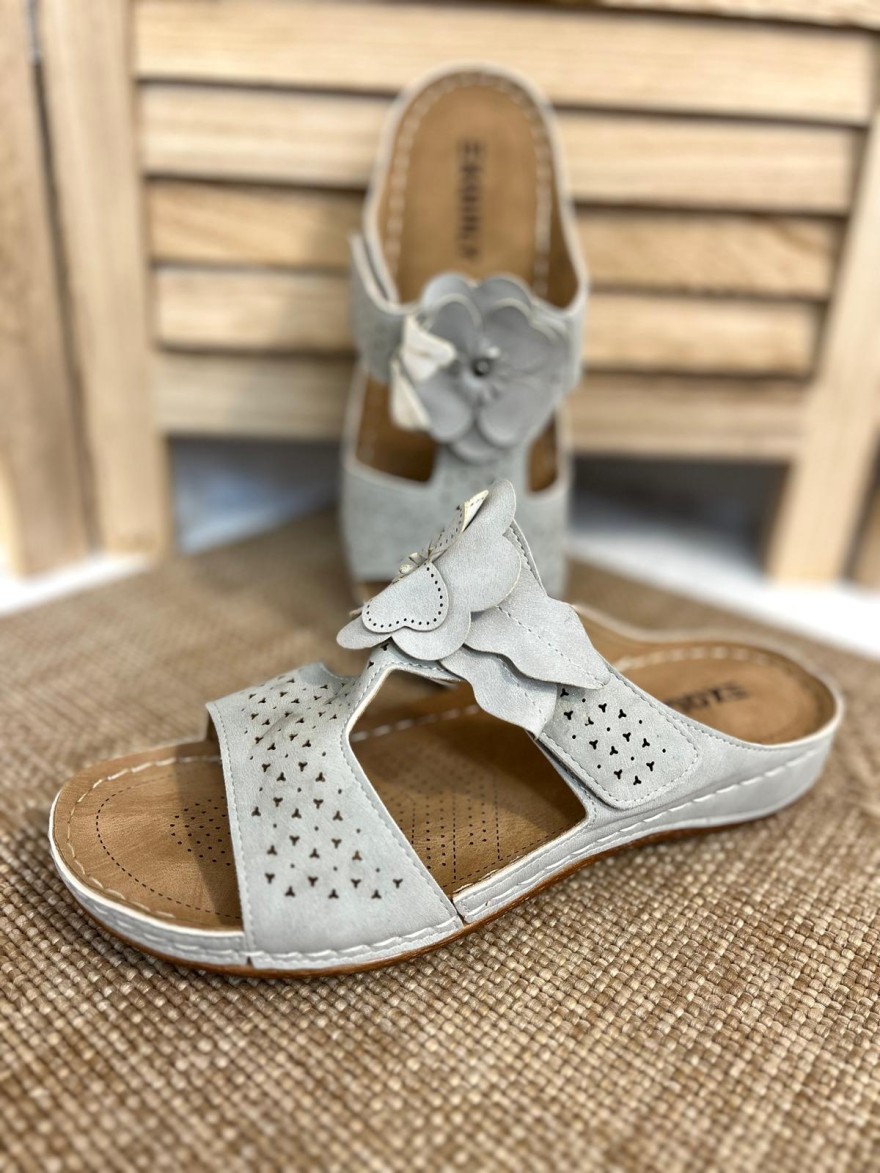 Claquette Confort Gris Clair Fleur Scratch Femme Petit Prix | Marina & Paloma