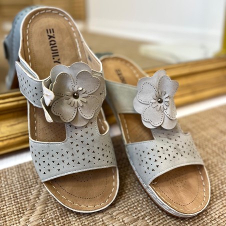 Claquette Confort Gris Clair Fleur Scratch Femme Petit Prix | Marina & Paloma