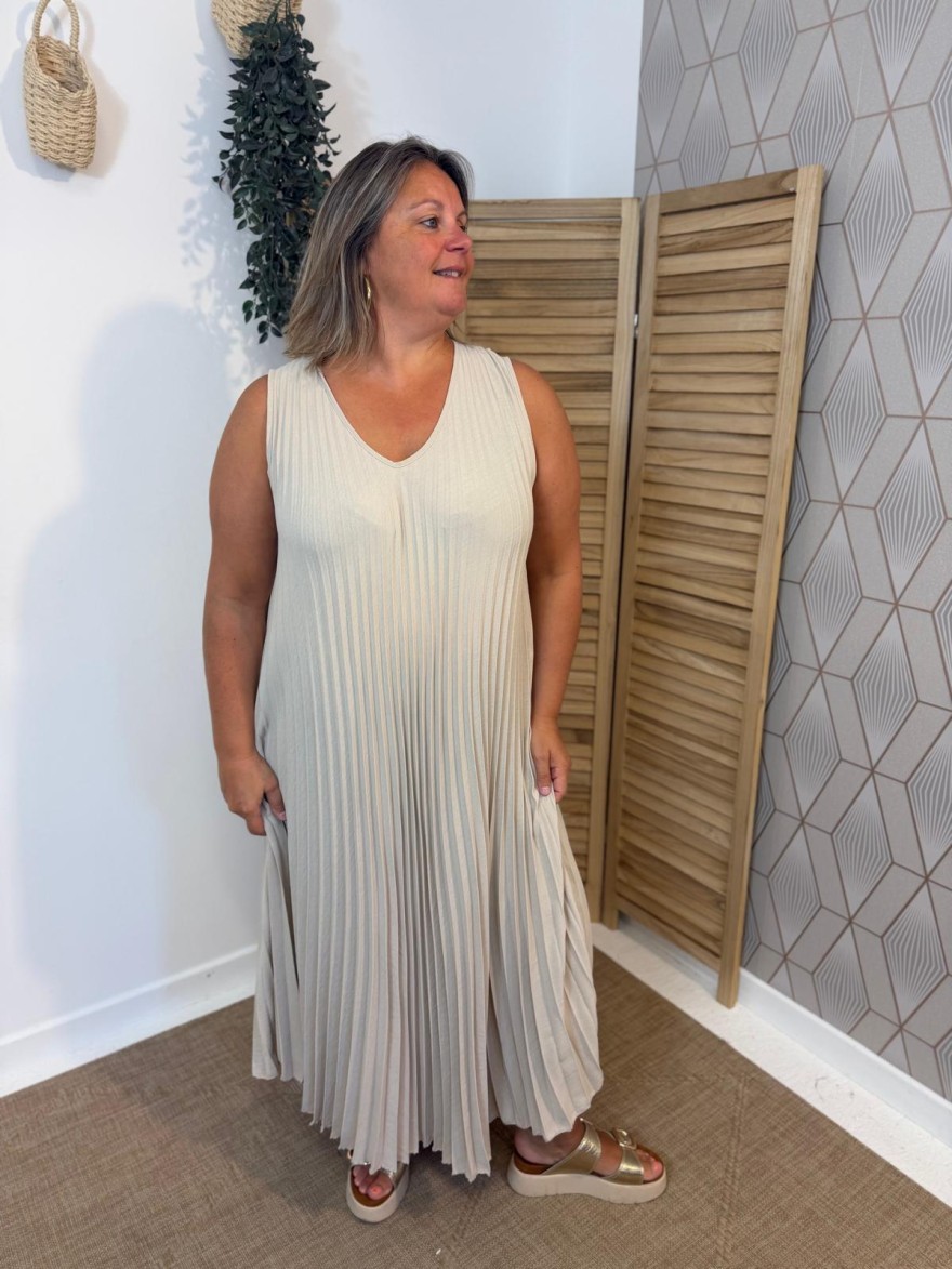 Robe Longue Plissée Grande Taille Beige Made in Italy | Marina & Paloma