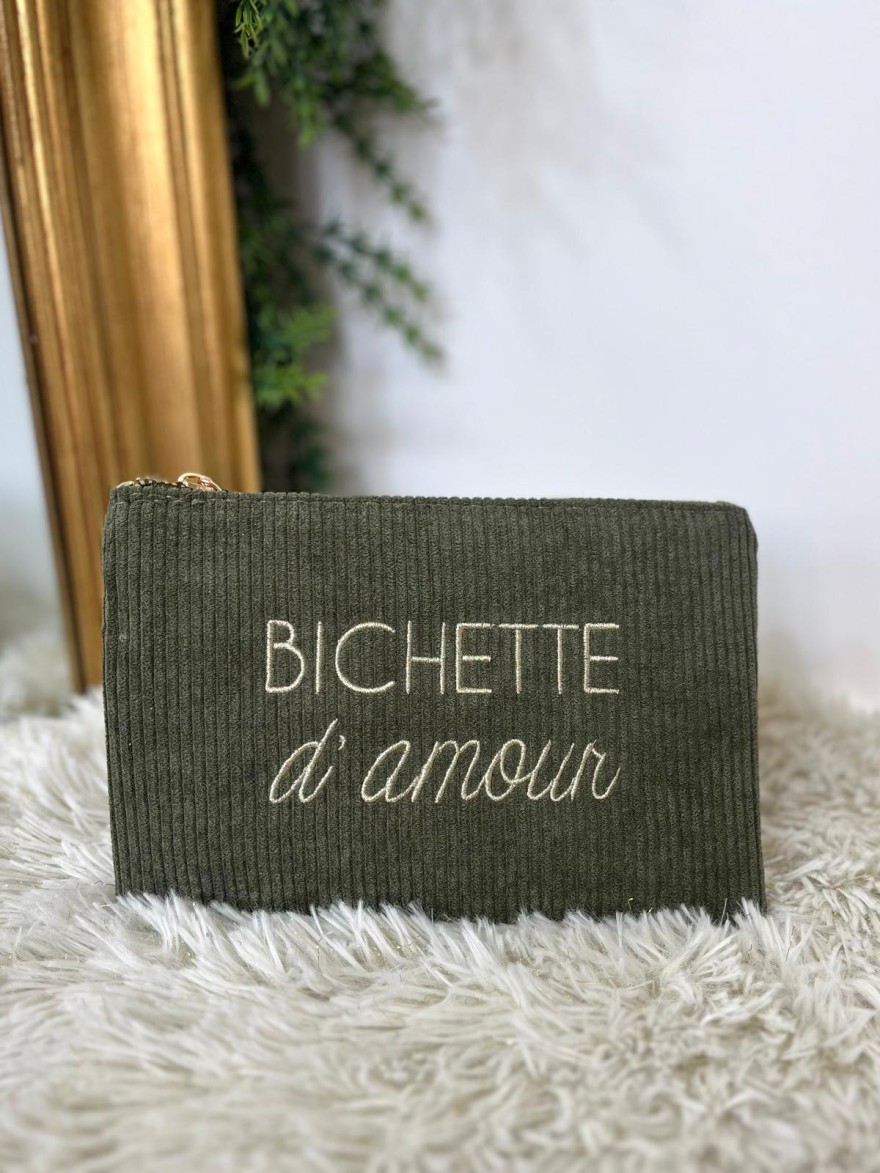 Pochette en Velours Côtelé à Message Brodé | Marina & Paloma Tendance