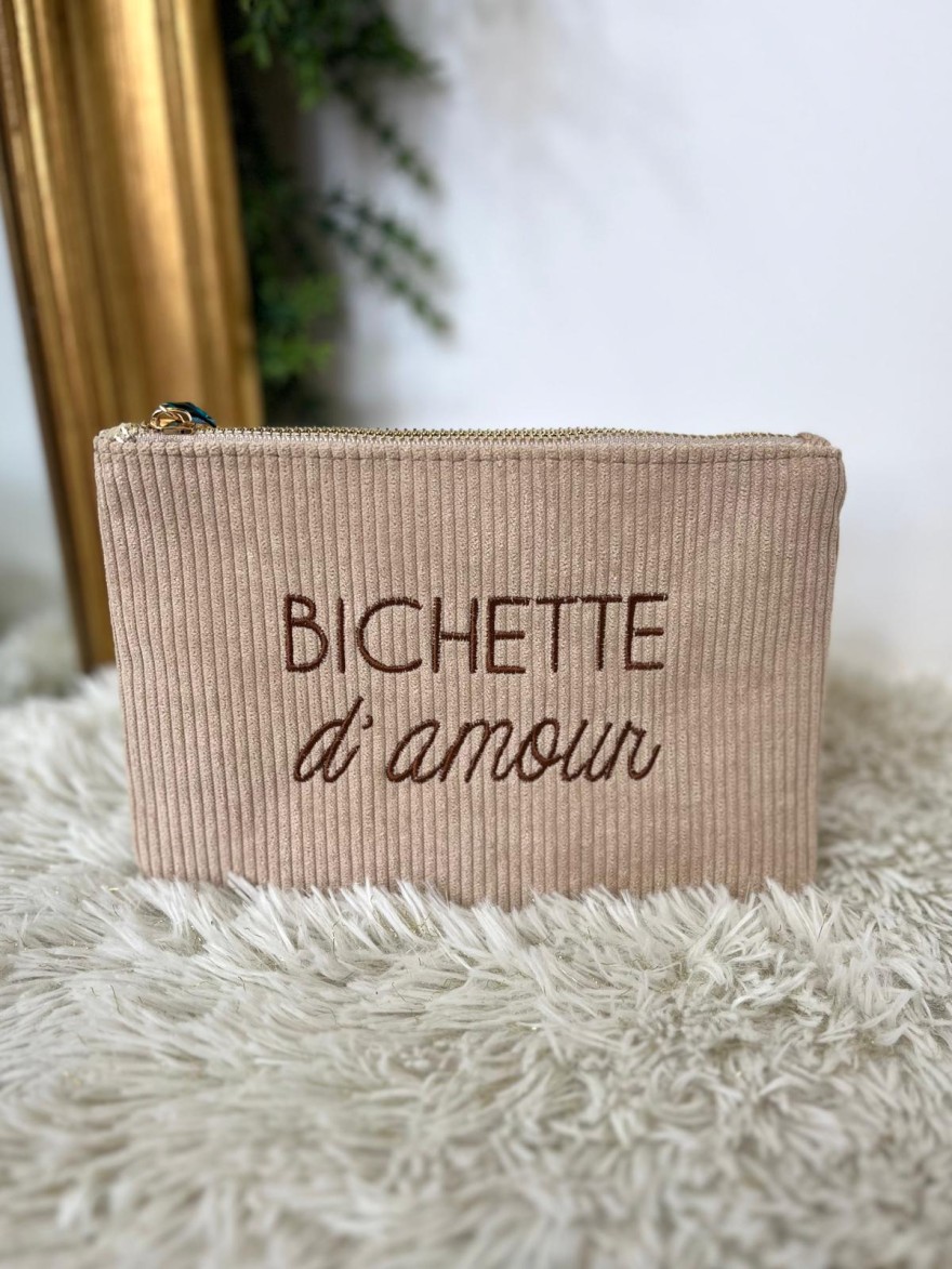 Pochette en Velours Côtelé à Message Brodé | Marina & Paloma Tendance