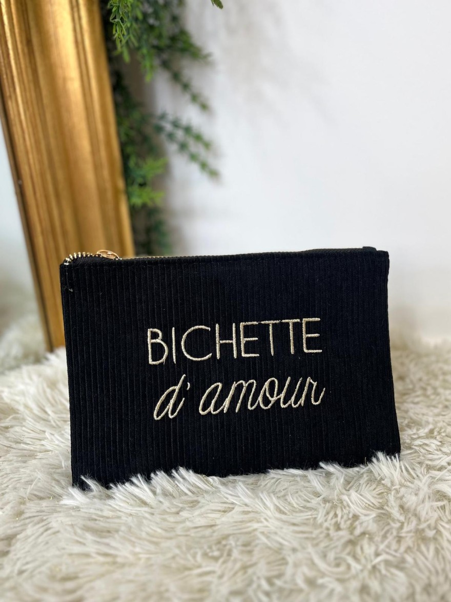 Pochette en Velours Côtelé à Message Brodé | Marina & Paloma Tendance