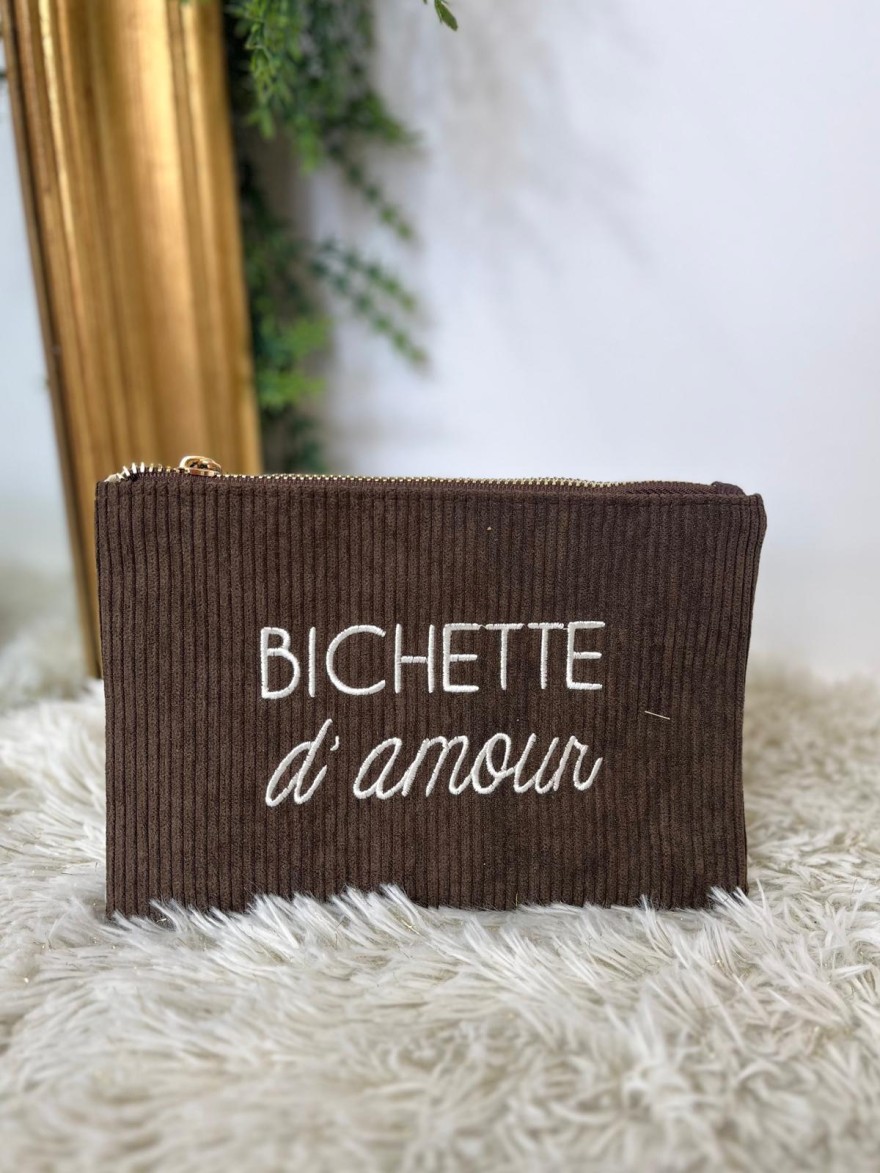 Pochette en Velours Côtelé à Message Brodé | Marina & Paloma Tendance