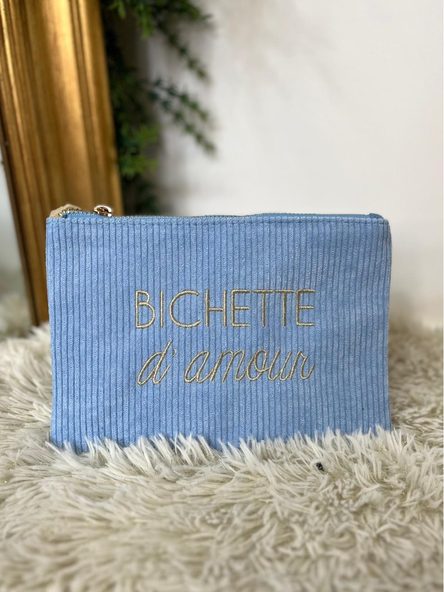 Pochette en Velours Côtelé à Message Brodé | Marina & Paloma Tendance