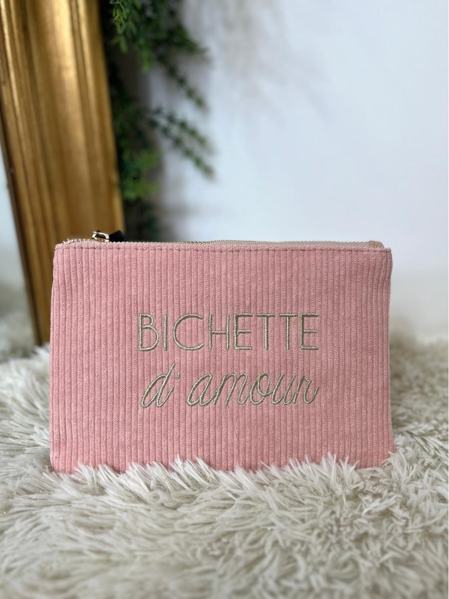 Pochette en Velours Côtelé à Message Brodé | Marina & Paloma Tendance