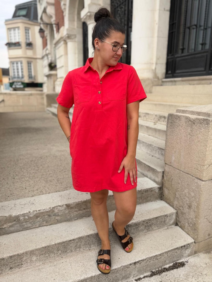 Robe Droite Col Chemise Rouge Grande Taille Maëlle Femme | Marina & Paloma