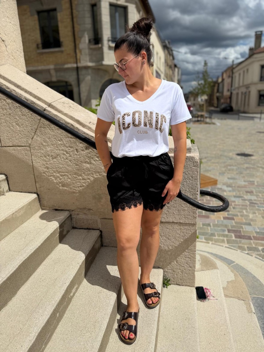 Short Noir Satin Dentelle Taille Haute Kilky Femme | Marina & Paloma