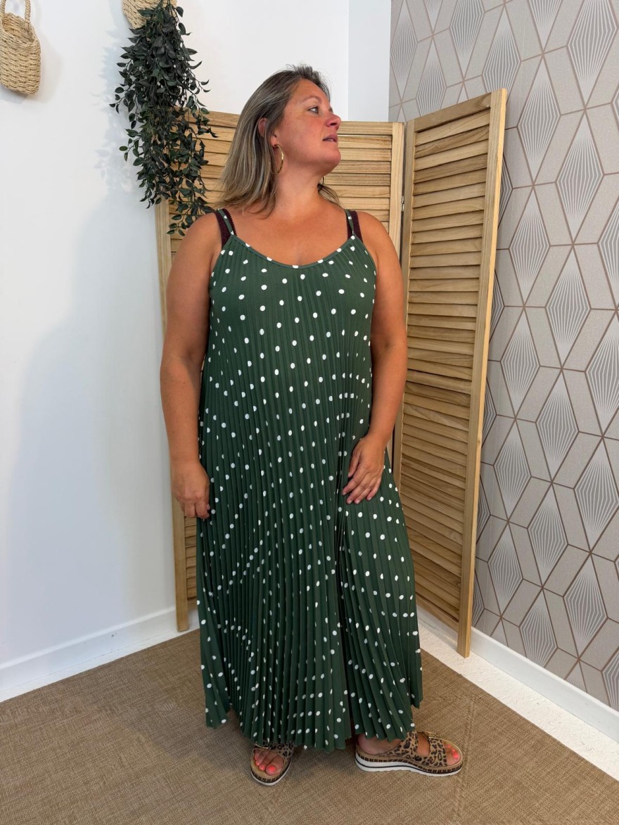 Robe à Pois Plissée Grande Taille Fine Bretelle | Marina & Paloma