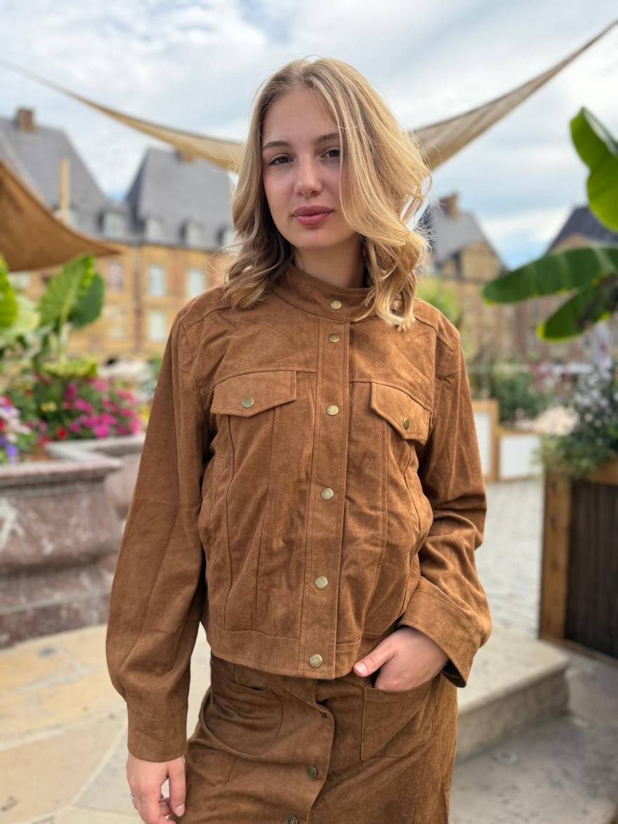 Veste Camel Effet Velours Maelle à Poches Coupe Droite | Marina & Paloma