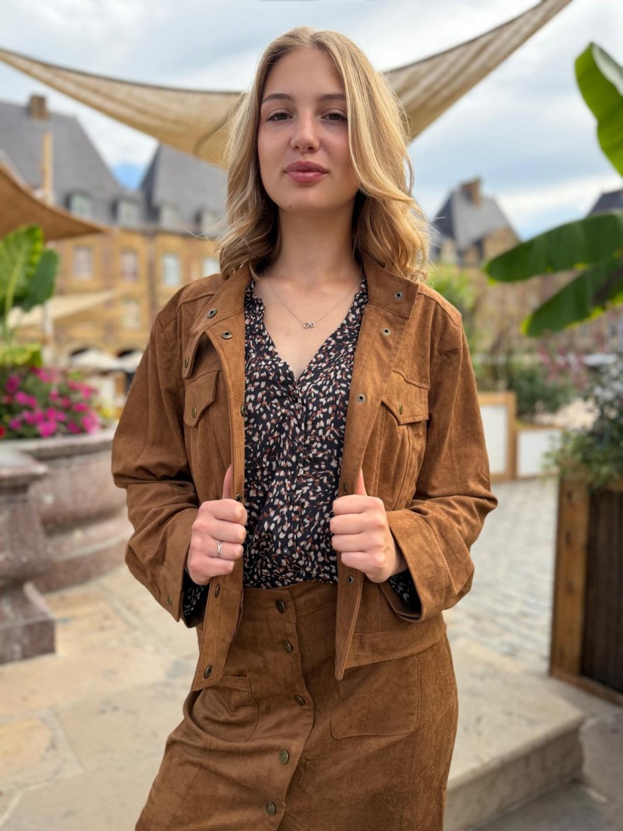 Veste Camel Effet Velours Maelle à Poches Coupe Droite | Marina & Paloma