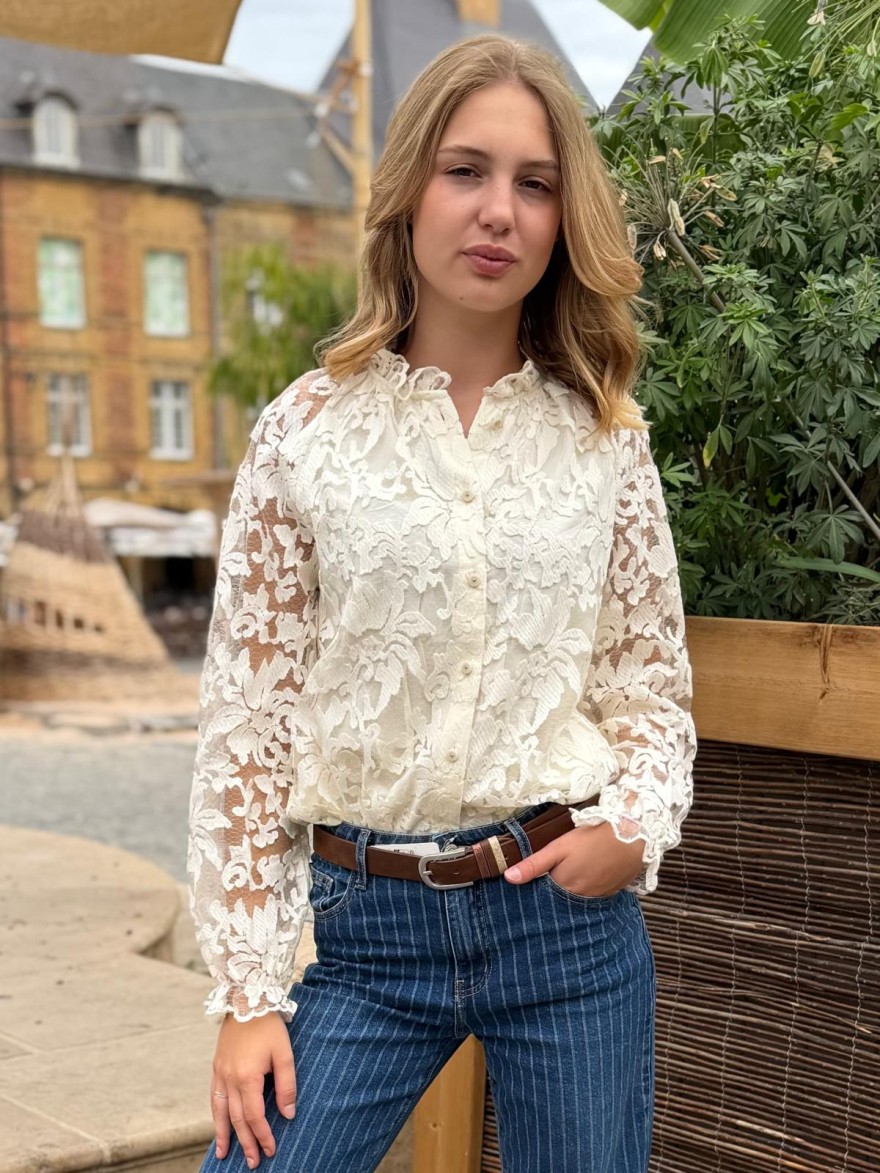 Chemise en Dentelle Beige Maelle Fluide à Col Volanté | Marina & Paloma