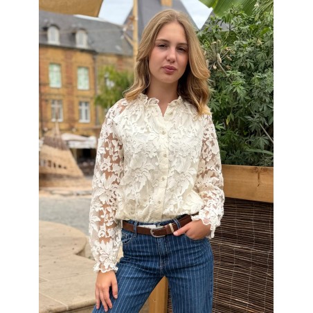Chemise en Dentelle Beige Maelle Fluide à Col Volanté | Marina & Paloma