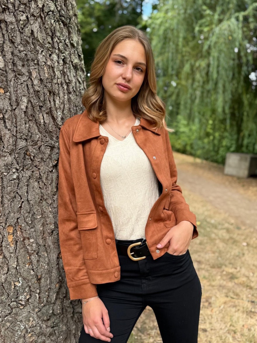 Veste Caramel Effet Velours Maelle Courte à Poches | Marina & Paloma