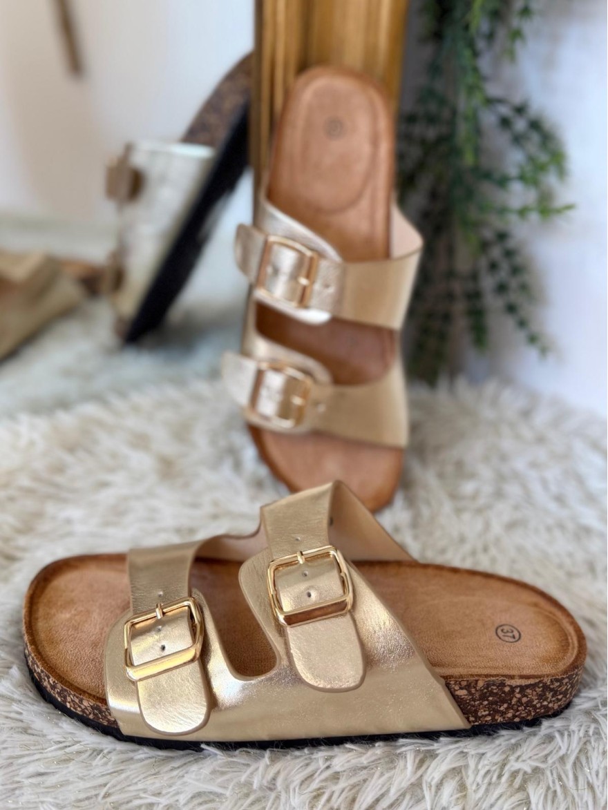 Mules Plates 2 Brides Réglables Or ou Gris Ideal Shoes | Marina & Paloma
