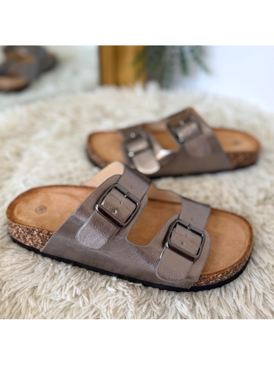 Mules Plates 2 Brides Réglables Or ou Gris Ideal Shoes | Marina & Paloma