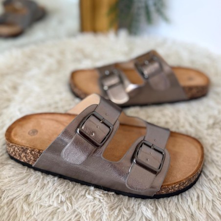 Mules Plates 2 Brides Réglables Or ou Gris Ideal Shoes | Marina & Paloma