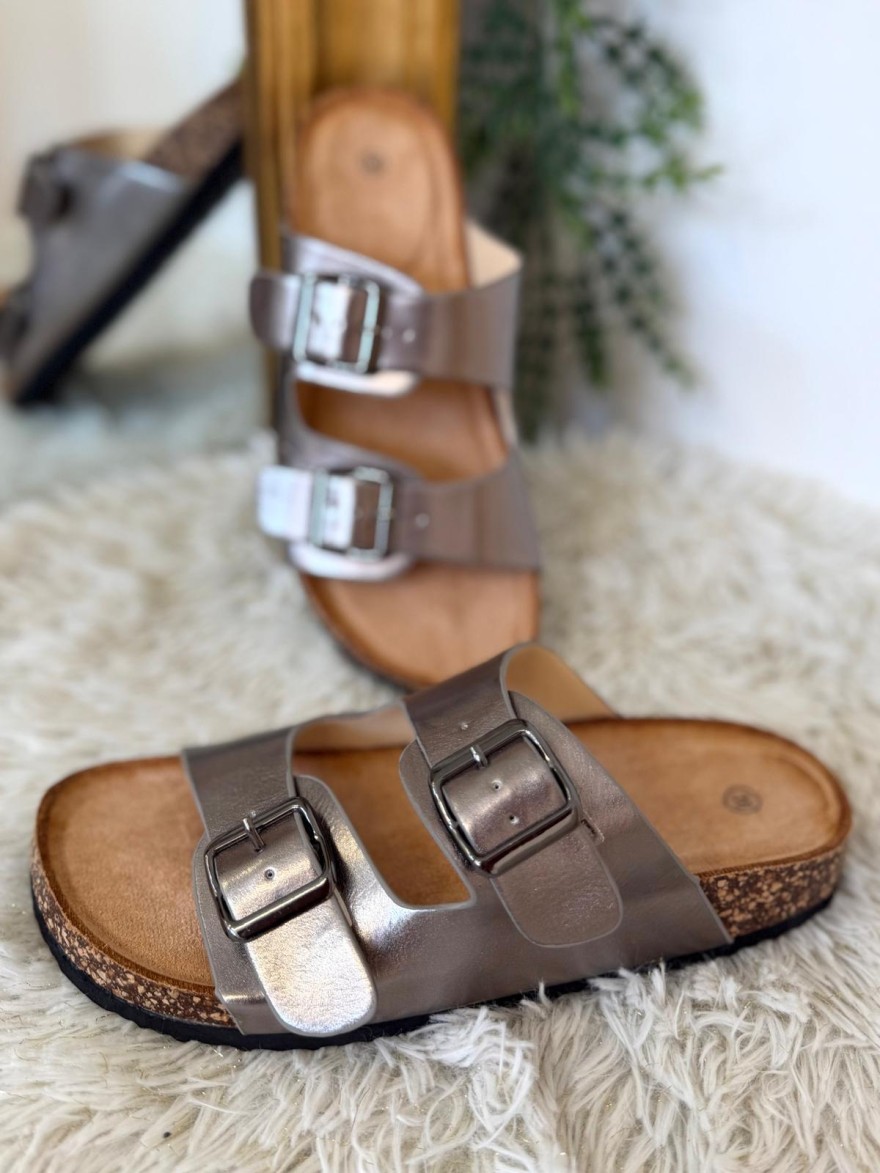Mules Plates 2 Brides Réglables Or ou Gris Ideal Shoes | Marina & Paloma
