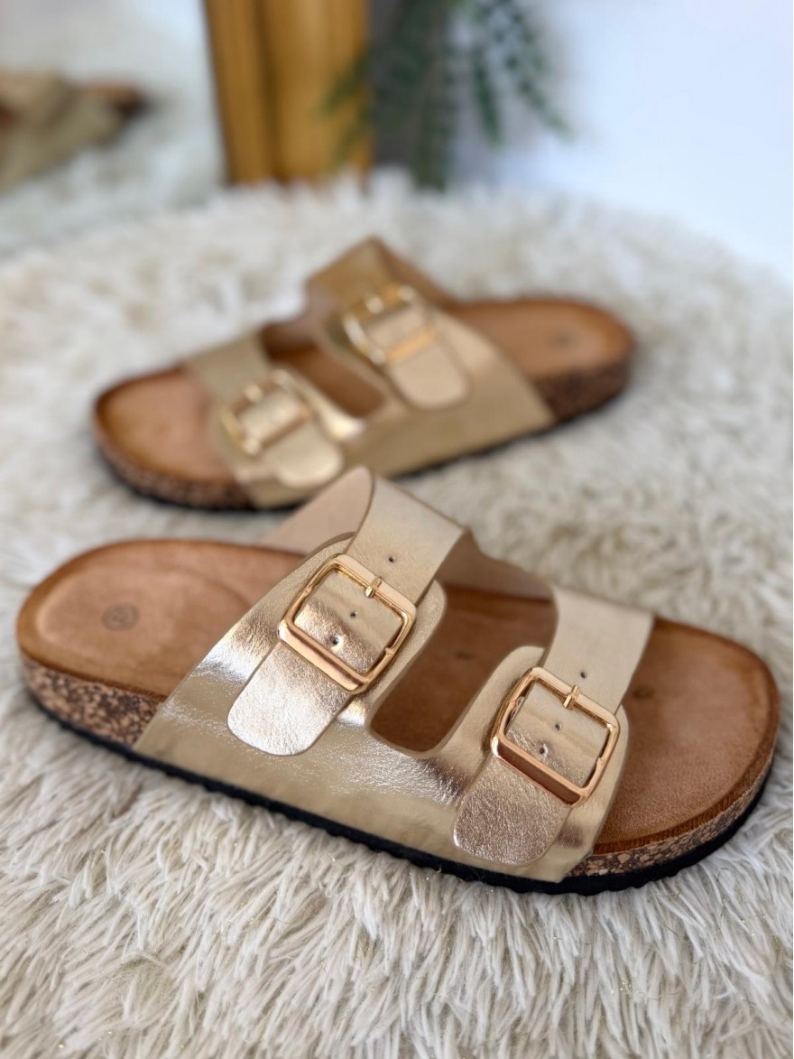 Mules Plates 2 Brides Réglables Or ou Gris Ideal Shoes | Marina & Paloma