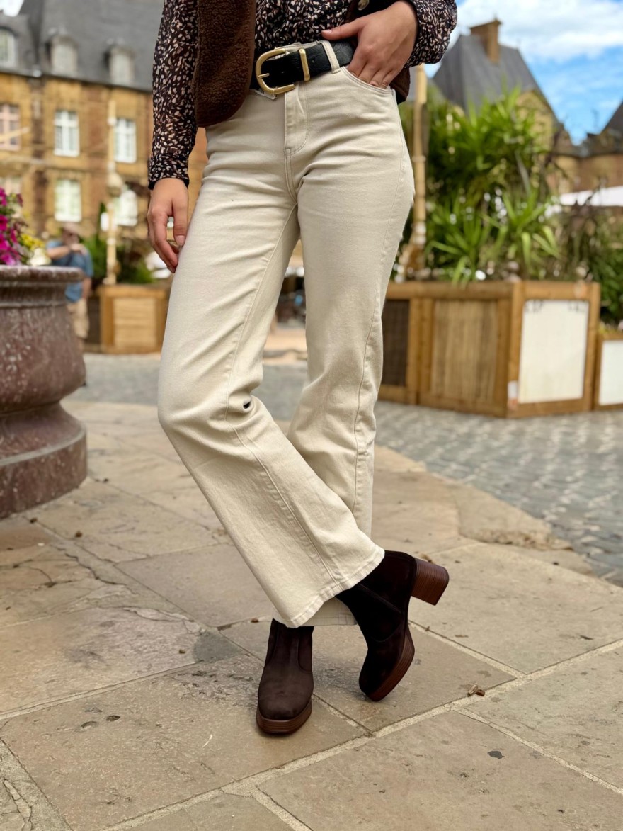 Jean Flare Beige Nina Carter Taille Haute Confortable | Marina & Paloma