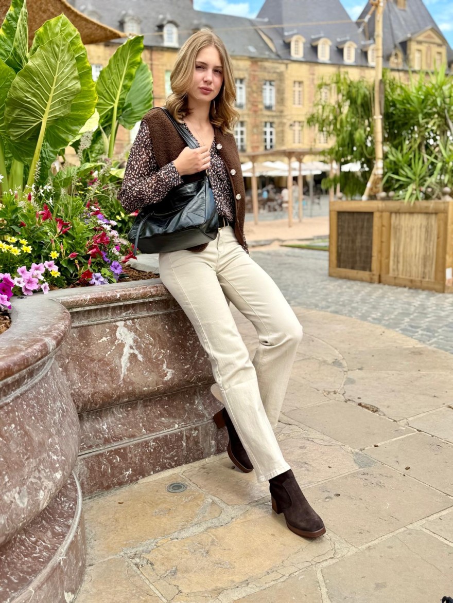 Jean Flare Beige Nina Carter Taille Haute Confortable | Marina & Paloma