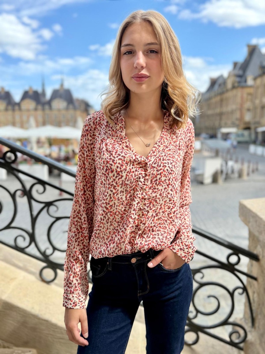 Chemise Imprimée Rose Maelle Fluide avec Détails Volantés | Marina & Paloma