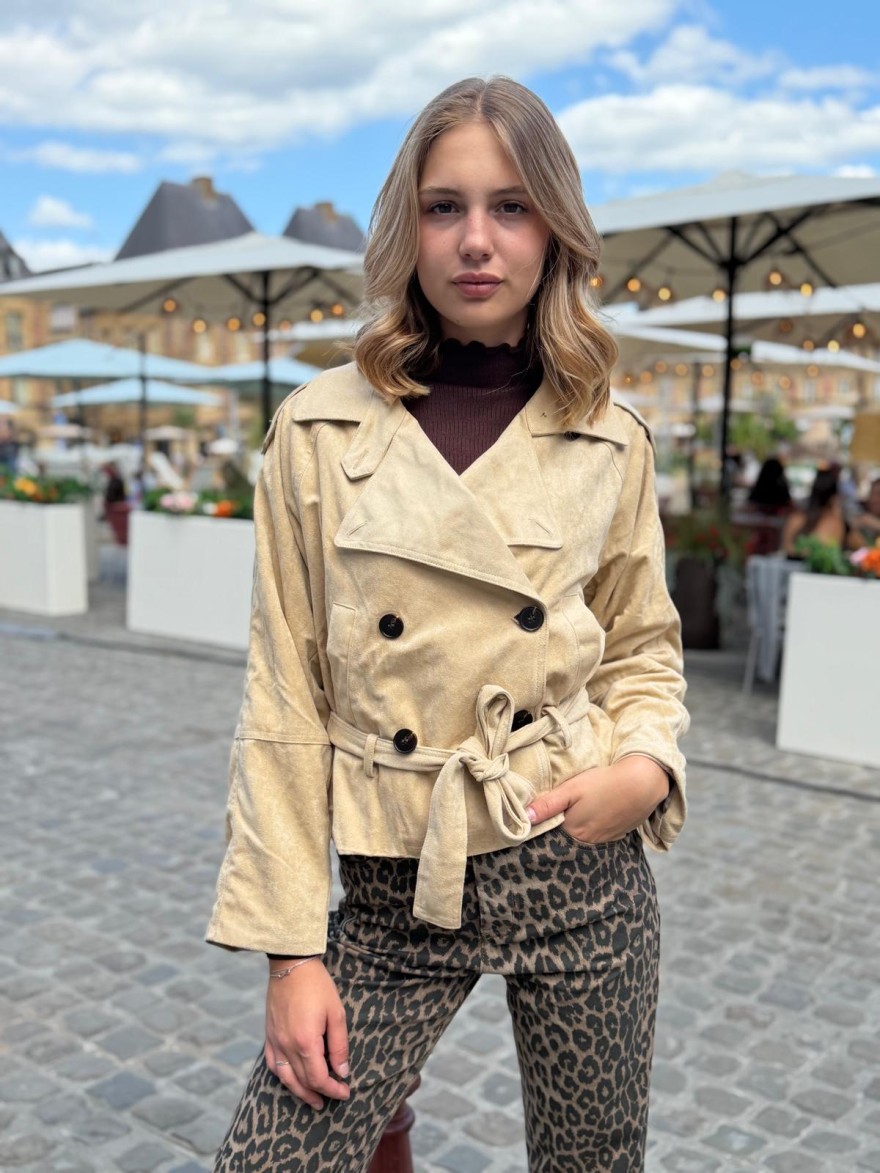 Veste Beige Effet Daim Maelle avec Ceinture Courte | Marina & Paloma