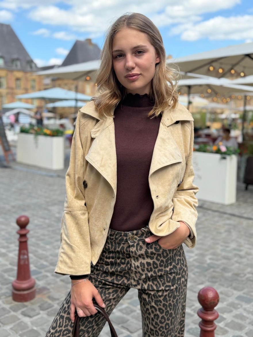 Veste Beige Effet Daim Maelle avec Ceinture Courte | Marina & Paloma