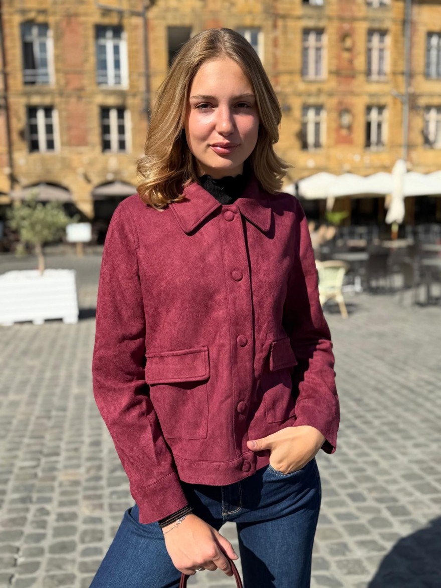 Veste Bordeaux Effet Velours Maelle Courte à Poches | Marina & Paloma