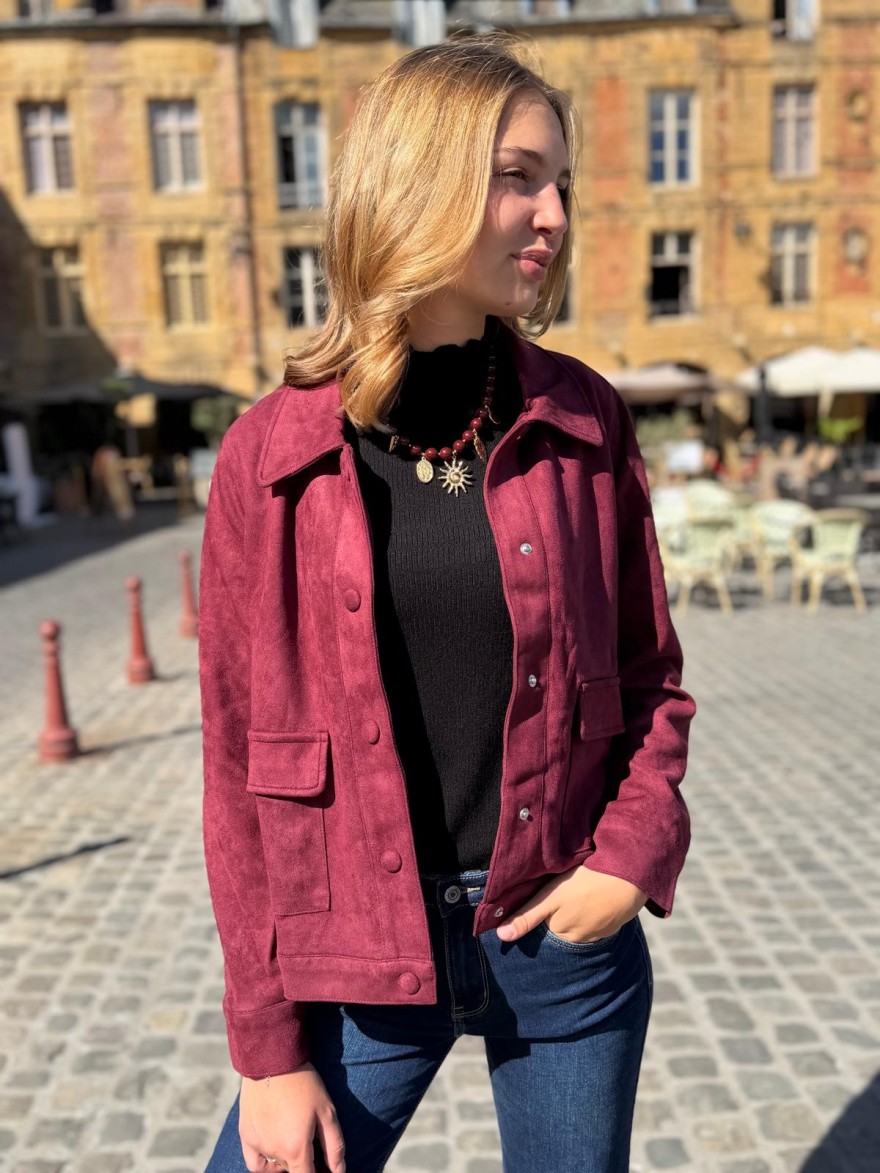 Veste Bordeaux Effet Velours Maelle Courte à Poches | Marina & Paloma