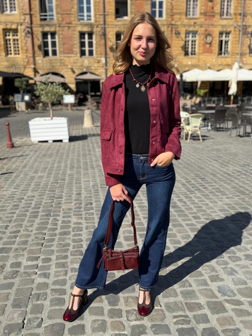 Veste Bordeaux Effet Velours Maelle Courte à Poches | Marina & Paloma