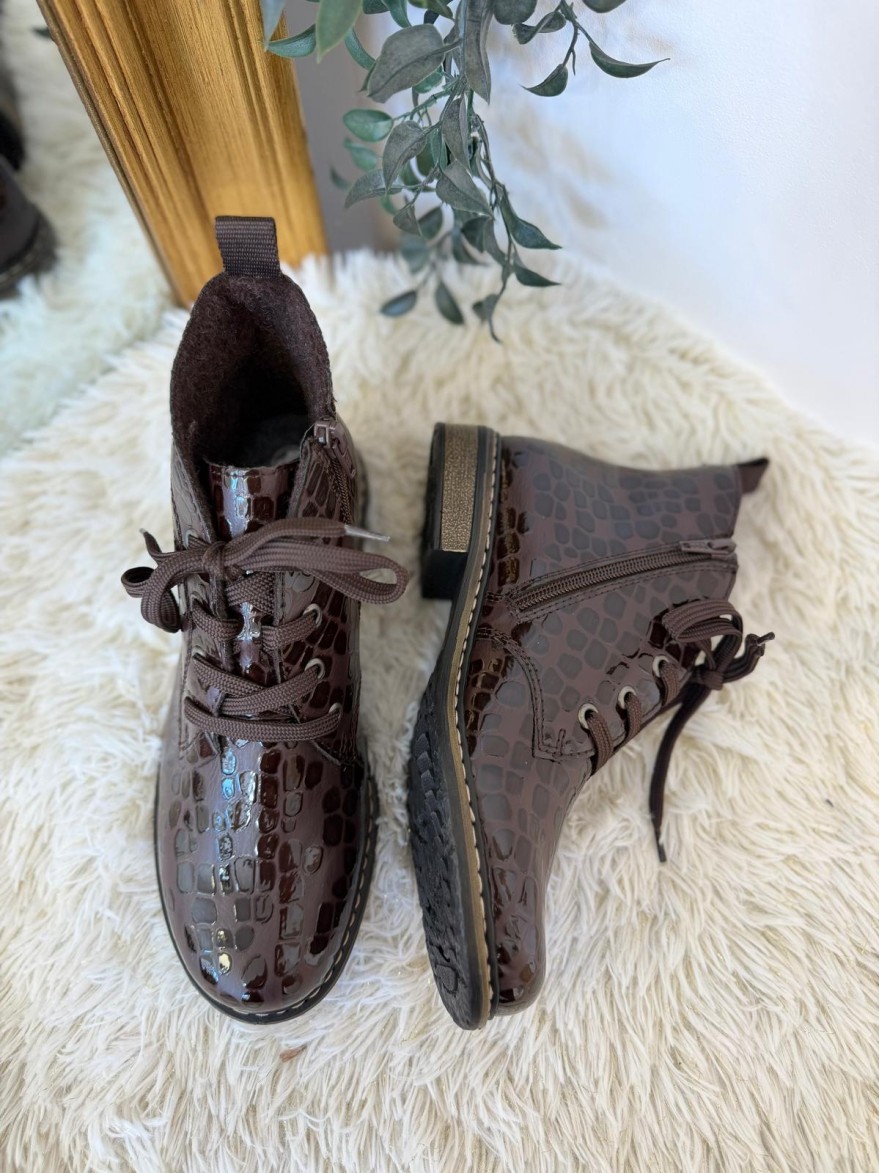 Bottine Rieker 71205-25 Croco Marron Verni & Petit Talon | Marina & Paloma