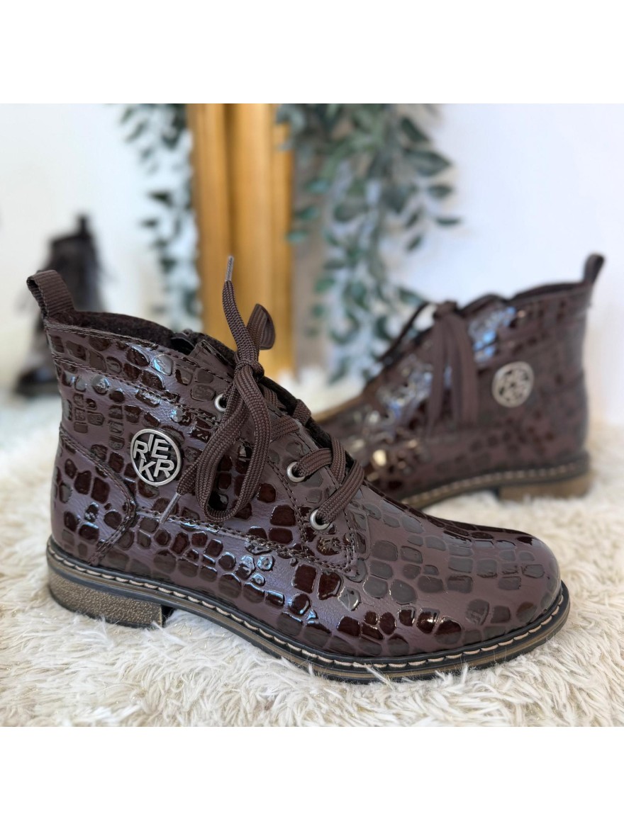 Bottine Rieker 71205-25 Croco Marron Verni & Petit Talon | Marina & Paloma