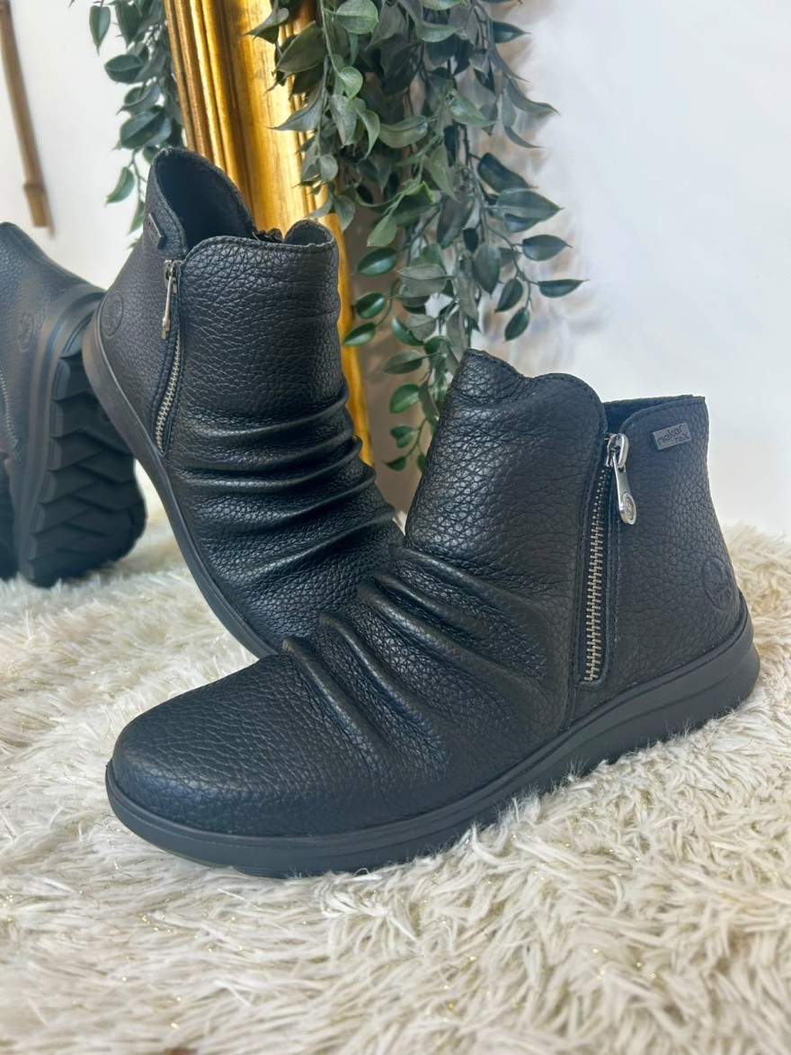 Bottine Rieker Z0056-00 Noire Grainée & Plissée Double Zip | Marina & Paloma
