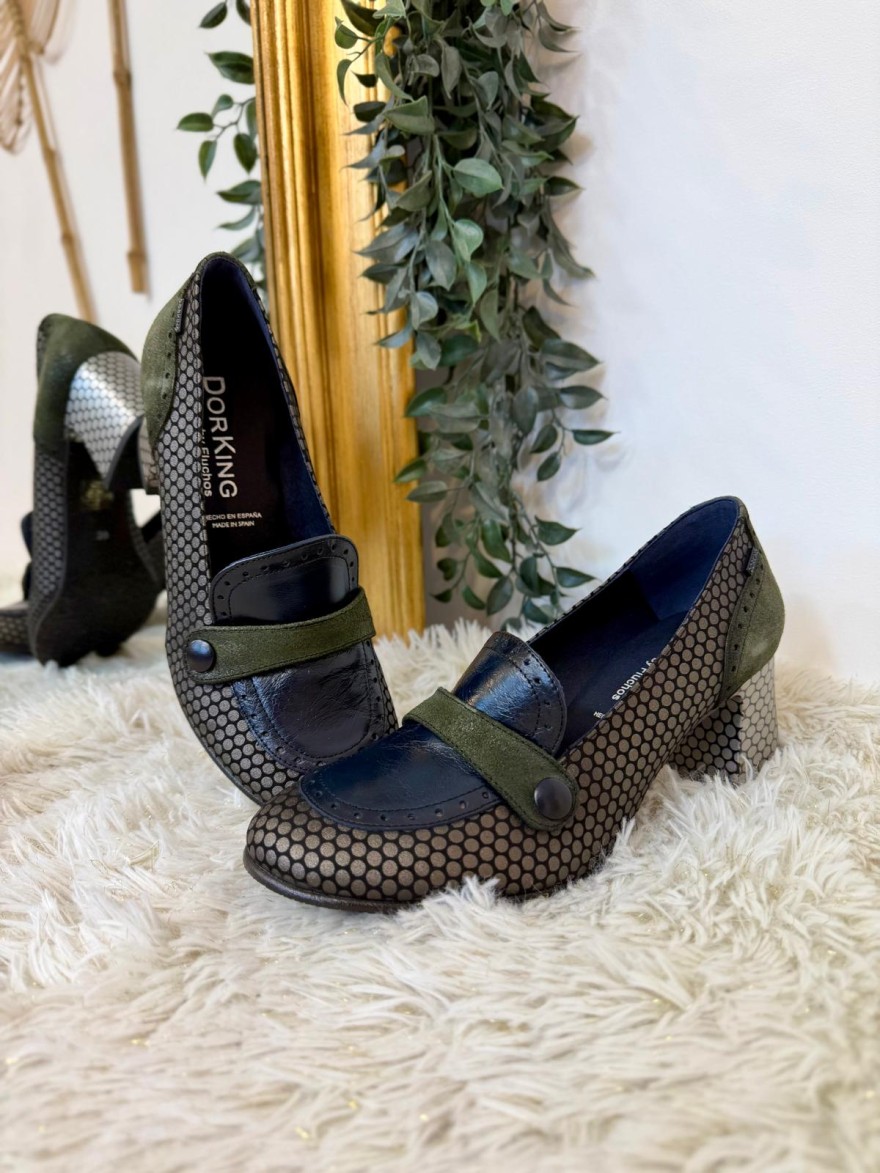 Mocassin à Talon Dorking Dacy D9614 Bleu Kaki Bronze | Marina & Paloma
